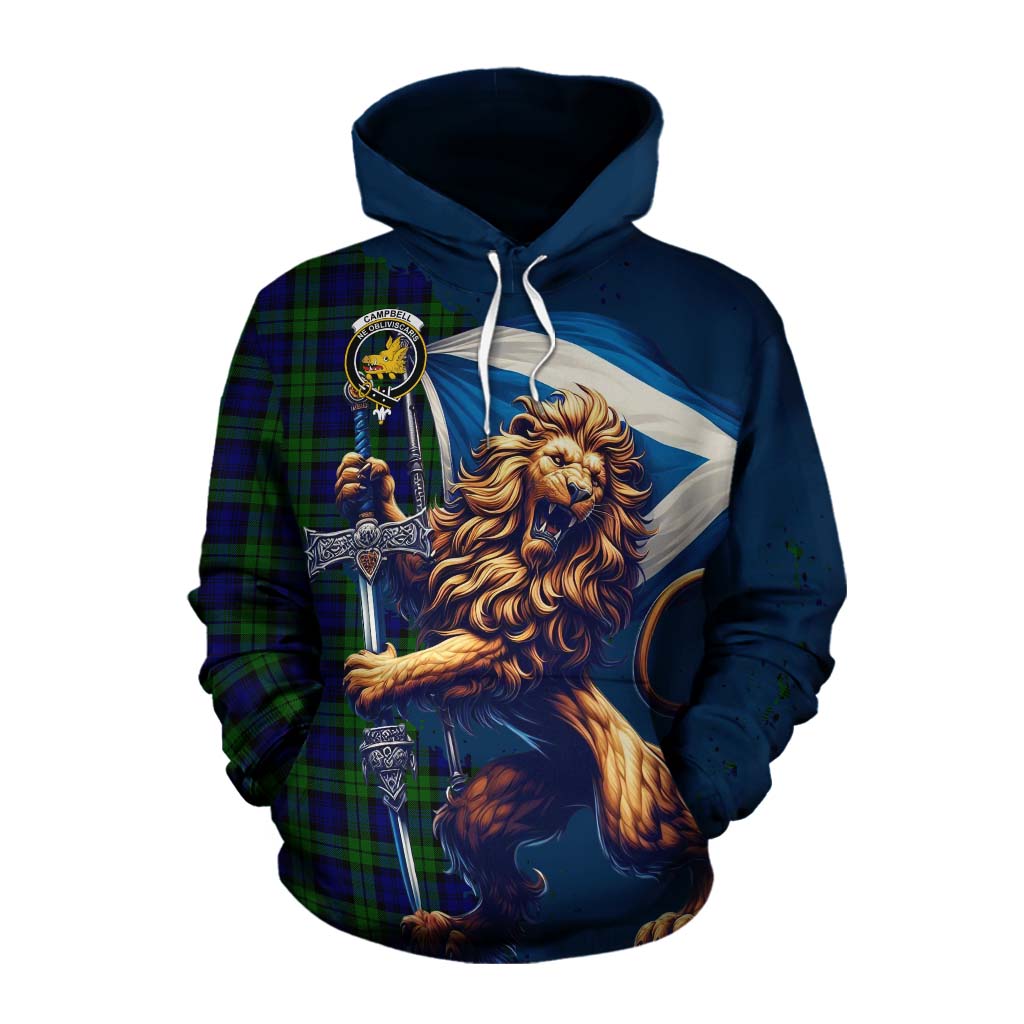Tartan Vibes Clothing Campbell Tartan Family Crest Cotton Hoodie with Scottish Majestic Lion