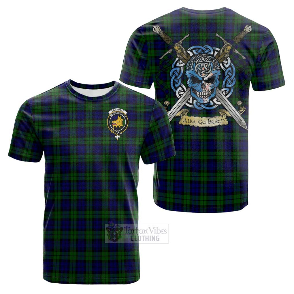 Tartan Vibes Clothing Campbell Tartan Cotton T-shirt with Family Crest Celtic Skull Style