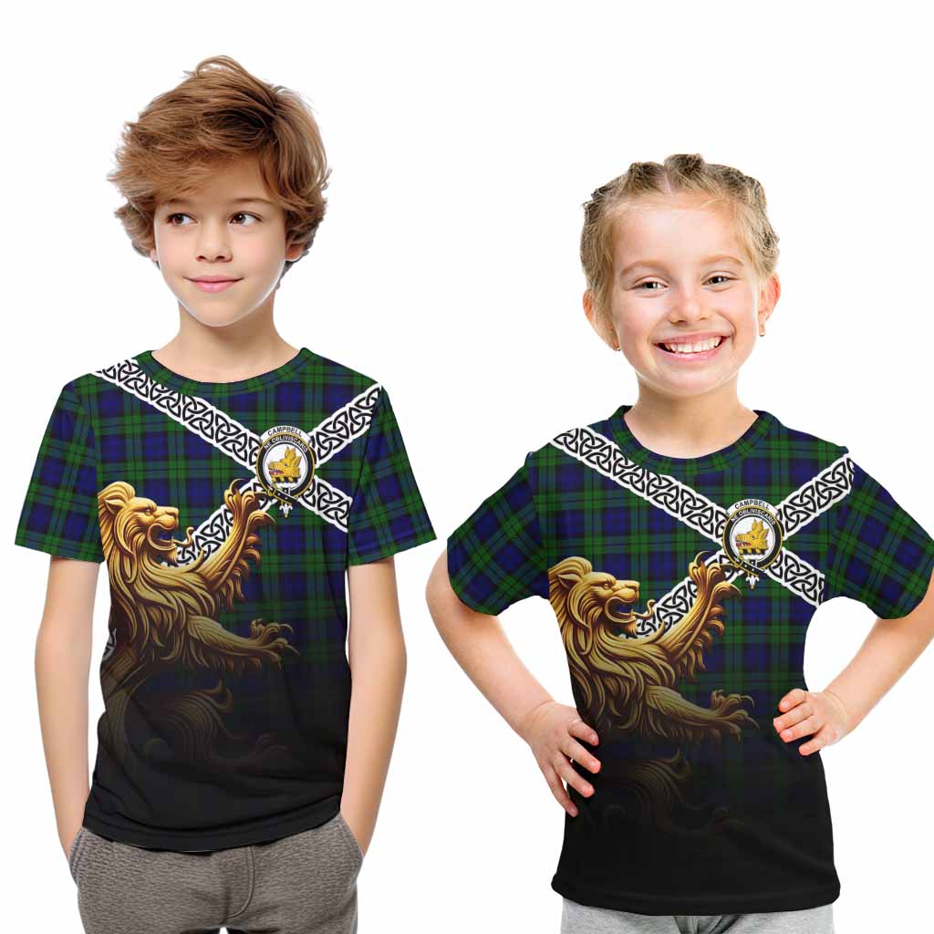 Tartan Vibes Clothing Campbell Crest Tartan Kid T-Shirt with Golden Lion Emblem Celtic Style