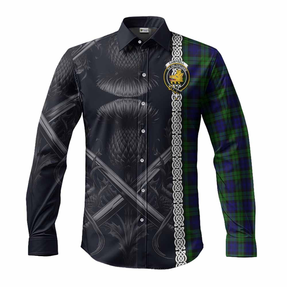 Tartan Vibes Clothing Campbell Tartan Long Sleeve Button Shirt with Family Crest Cross Sword Thistle Celtic Vibes