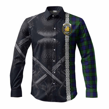 Campbell Tartan Long Sleeve Button Shirt with Family Crest Cross Sword Thistle Celtic Vibes