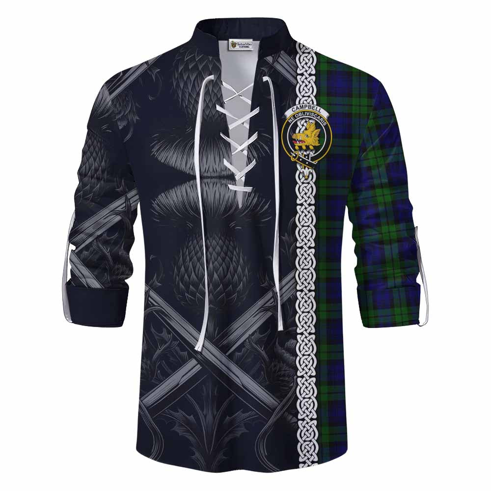 Tartan Vibes Clothing Campbell Tartan Ghillie Kilt Shirt with Family Crest Cross Sword Thistle Celtic Vibes