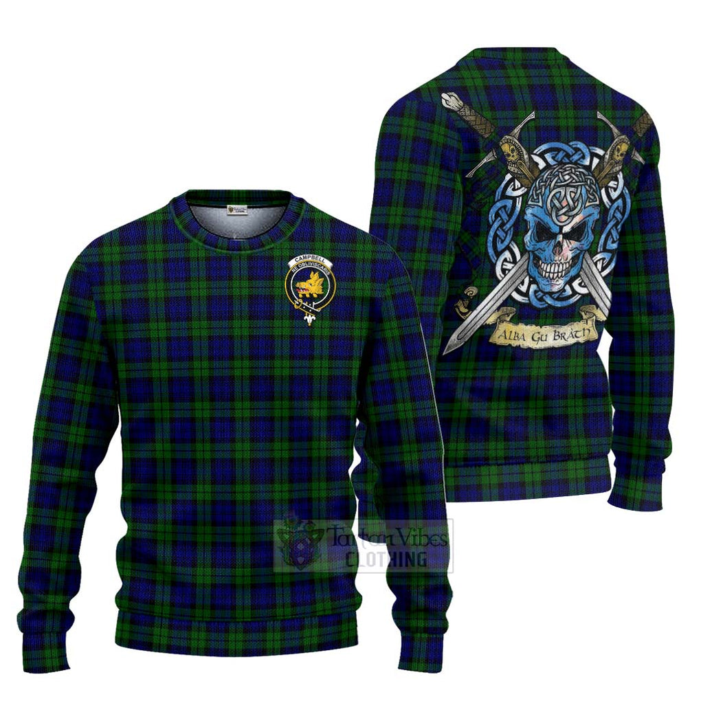 Tartan Vibes Clothing Campbell Tartan Knitted Sweater with Family Crest Celtic Skull Style