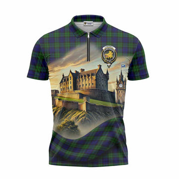 Campbell Tartan Family Crest Zipper Polo Shirt with Scottish Ancient Castle Style