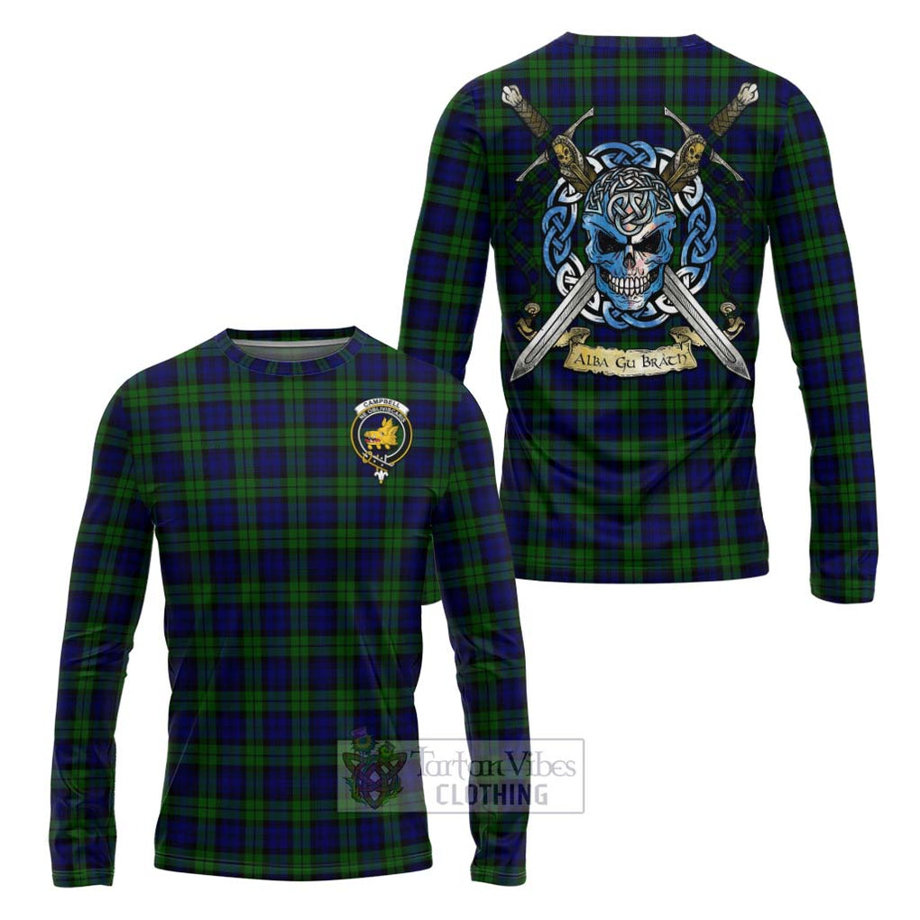 Tartan Vibes Clothing Campbell Tartan Long Sleeve T-Shirt with Family Crest Celtic Skull Style