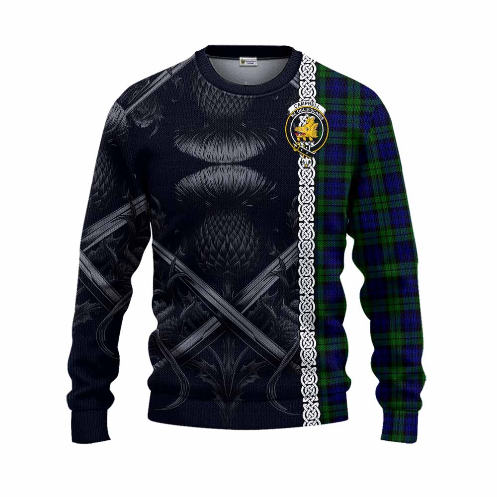 Tartan Vibes Clothing Campbell Tartan Knitted Sweater with Family Crest Cross Sword Thistle Celtic Vibes