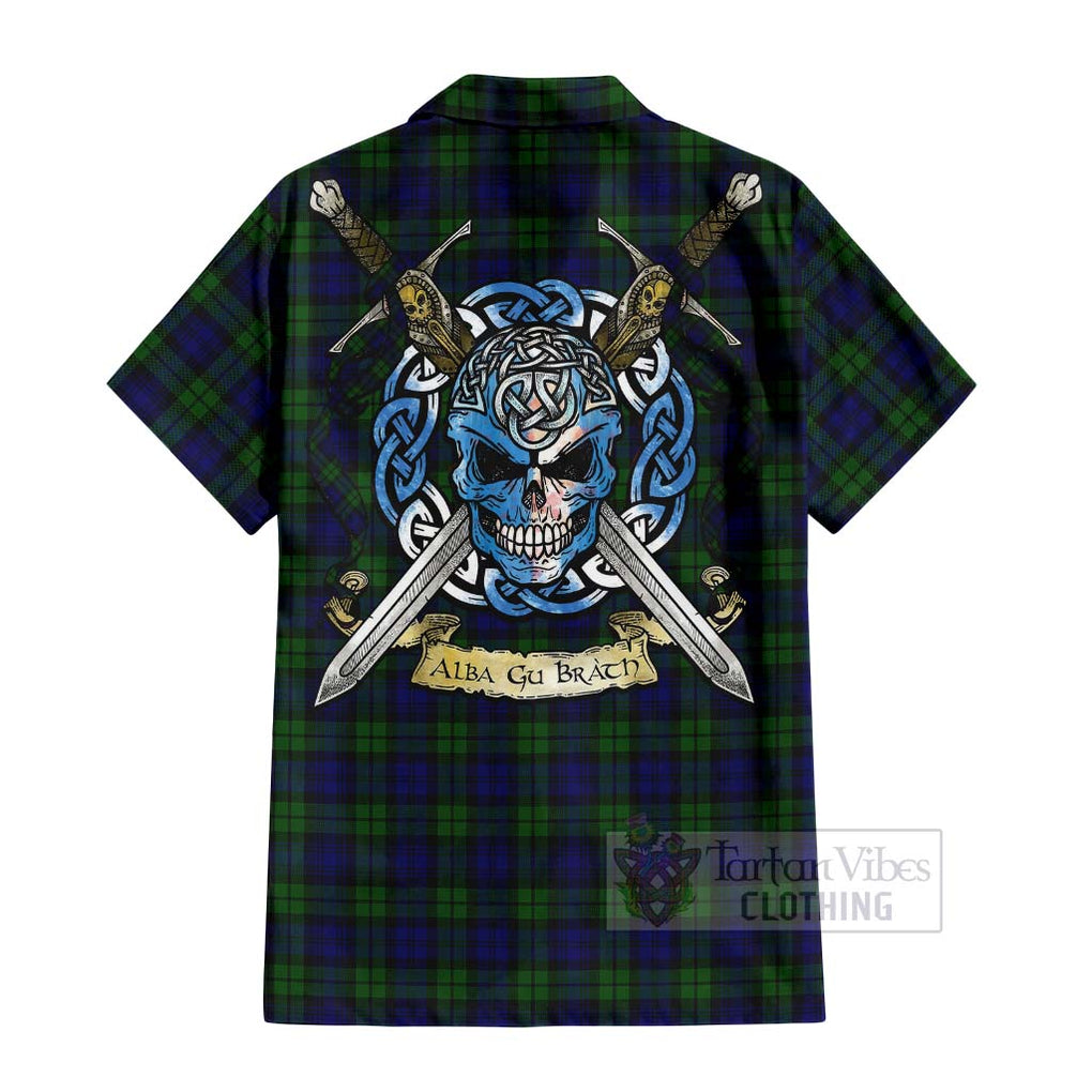 Tartan Vibes Clothing Campbell Tartan Short Sleeve Button Shirt with Family Crest Celtic Skull Style