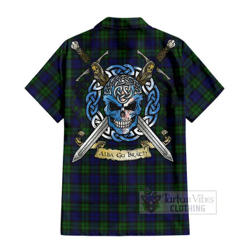Tartan Vibes Clothing Campbell Tartan Short Sleeve Button Shirt with Family Crest Celtic Skull Style