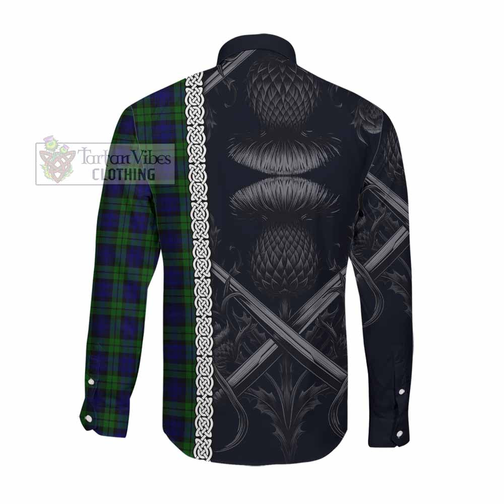 Tartan Vibes Clothing Campbell Tartan Long Sleeve Button Shirt with Family Crest Cross Sword Thistle Celtic Vibes