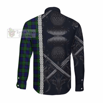 Campbell Tartan Long Sleeve Button Shirt with Family Crest Cross Sword Thistle Celtic Vibes