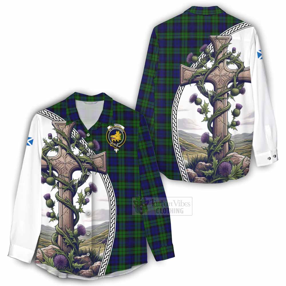 Tartan Vibes Clothing Campbell Tartan Women's Casual Shirt with Family Crest and St. Andrew's Cross Accented by Thistle Vines
