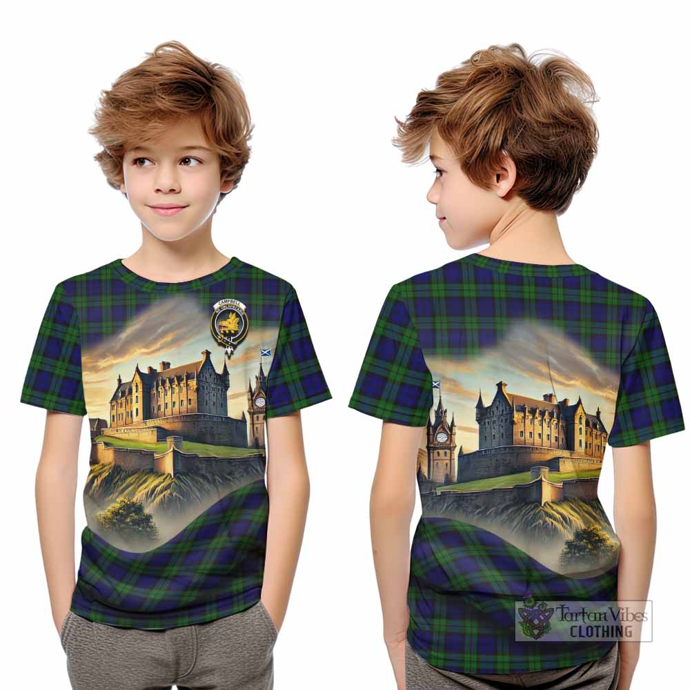 Tartan Vibes Clothing Campbell Tartan Family Crest Kid T-Shirt with Scottish Ancient Castle Style