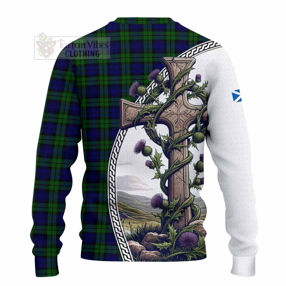 Tartan Vibes Clothing Campbell Tartan Knitted Sweater with Family Crest and St. Andrew's Cross Accented by Thistle Vines
