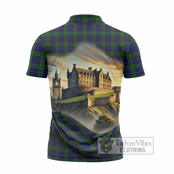 Campbell Tartan Family Crest Zipper Polo Shirt with Scottish Ancient Castle Style