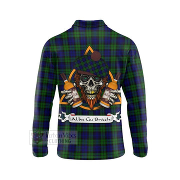 Tartan Vibes Clothing Campbell Tartan Long Sleeve Polo Shirt with Family Crest and Bearded Skull Holding Bottles of Whiskey