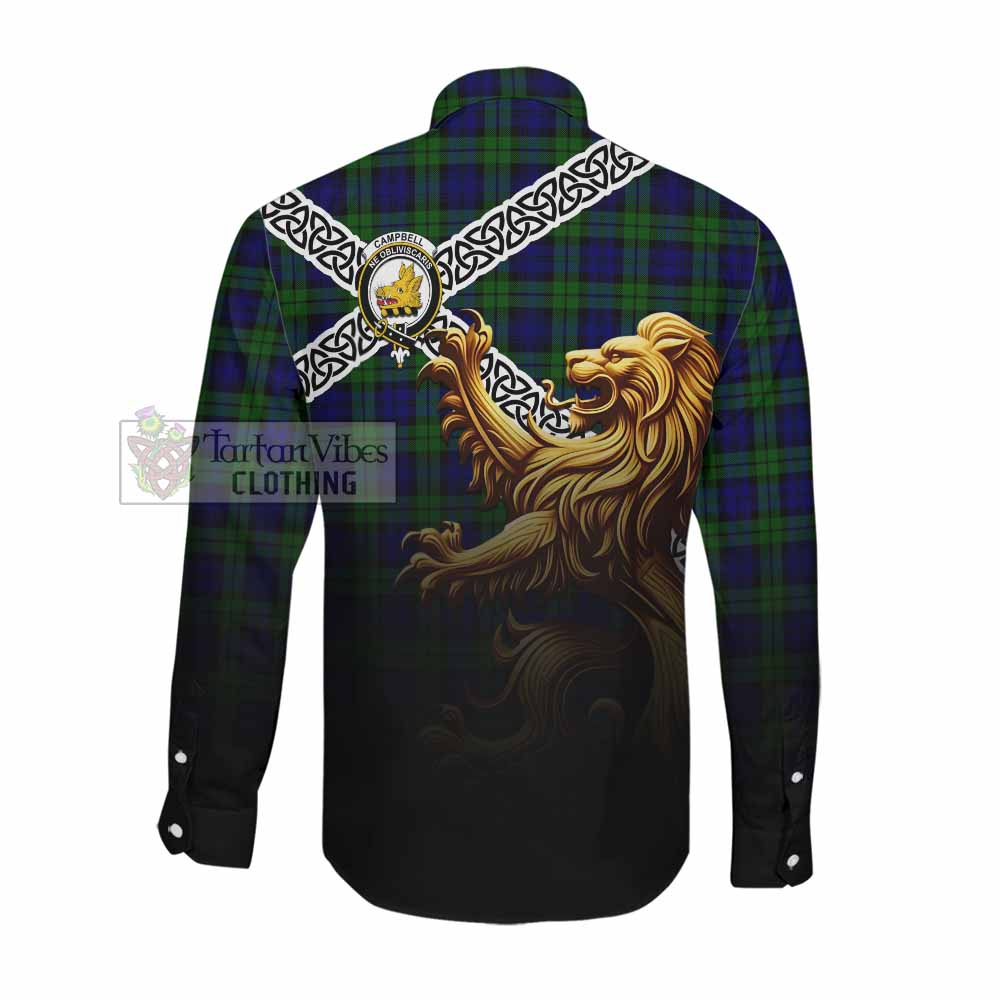 Campbell Crest Tartan Long Sleeve Button Shirt with Golden Lion Emblem Celtic Style Men's Shirt - Tartan Vibes Clothing