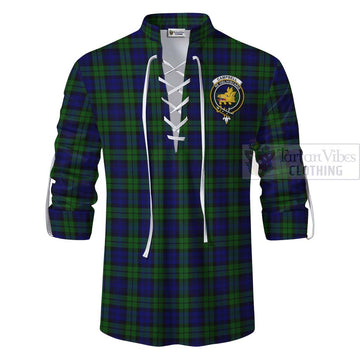 Campbell Tartan Ghillie Kilt Shirt with Family Crest and Bearded Skull Holding Bottles of Whiskey