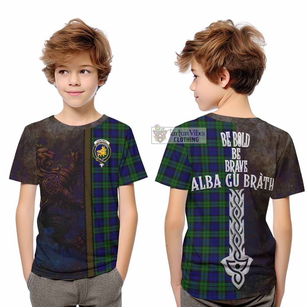 Tartan Vibes Clothing Campbell Tartan Family Crest Kid T-Shirt Alba Gu Brath Be Brave Lion Ancient Style