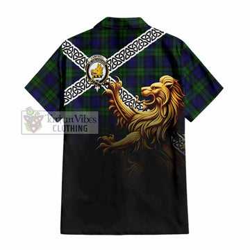Tartan Vibes Clothing Campbell Crest Tartan Short Sleeve Button Shirt with Golden Lion Emblem Celtic Style