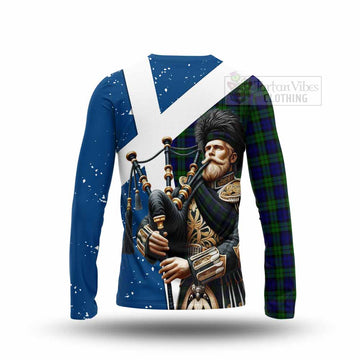 Campbell Tartan Long Sleeve T-Shirt with Family Crest Scottish Bagpiper Vibes