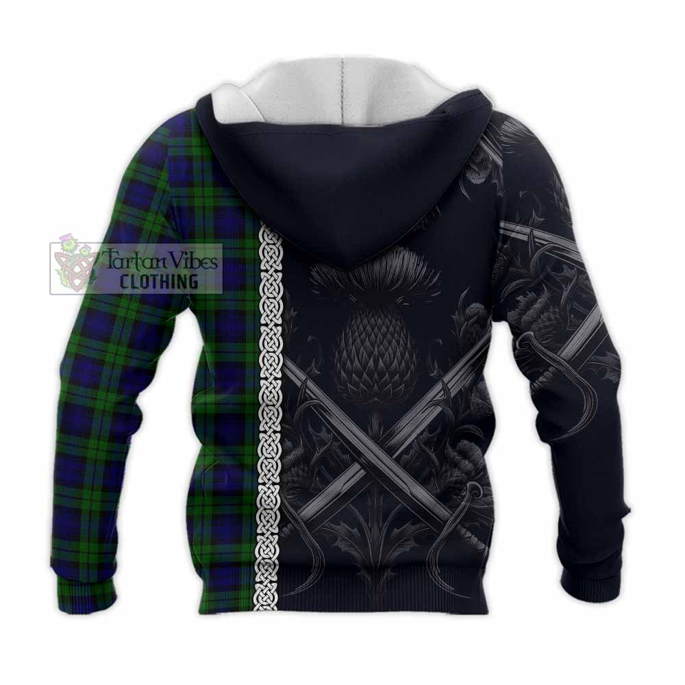 Tartan Vibes Clothing Campbell Tartan Knitted Hoodie with Family Crest Cross Sword Thistle Celtic Vibes