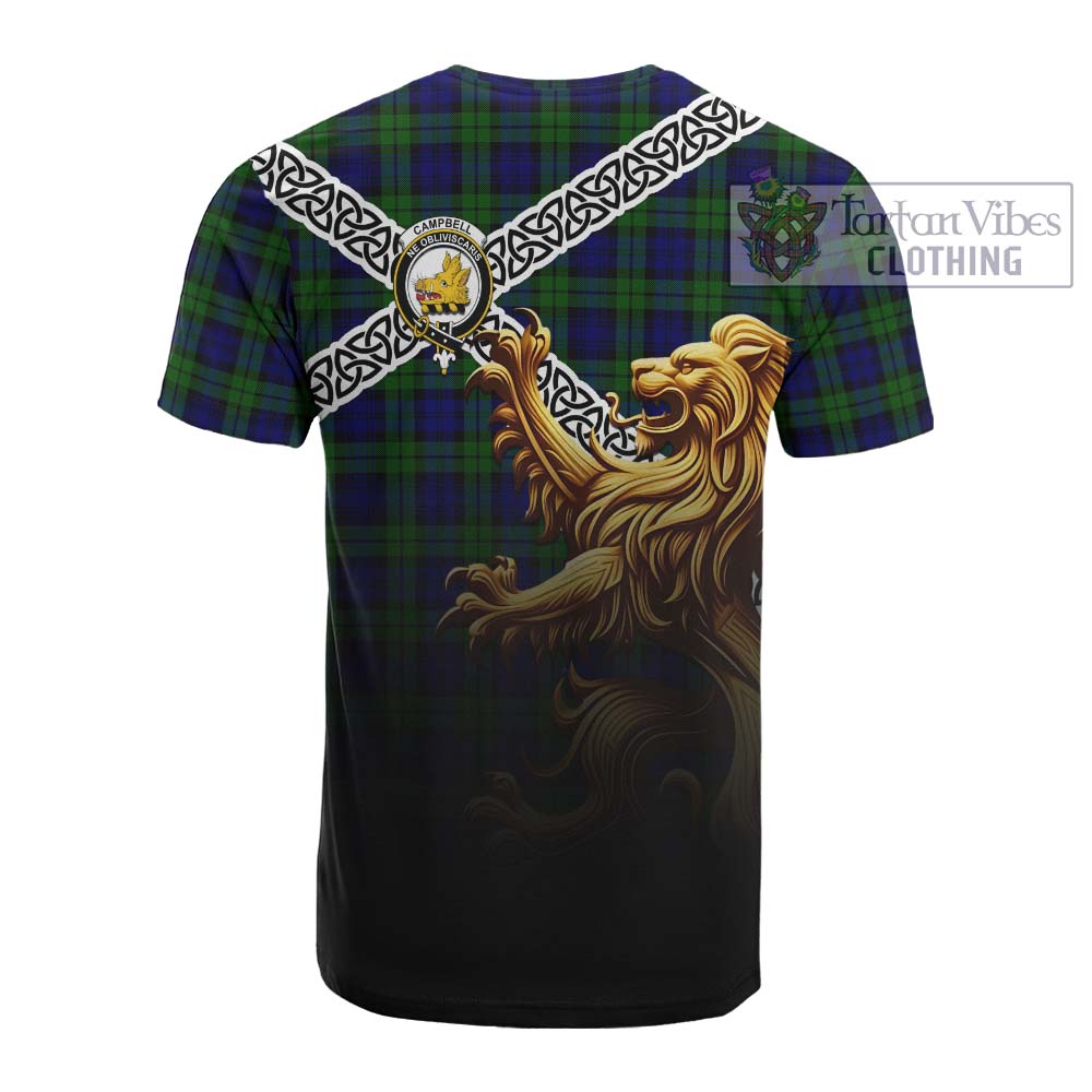 Tartan Vibes Clothing Campbell Crest Tartan Cotton T-shirt with Golden Lion Emblem Celtic Style