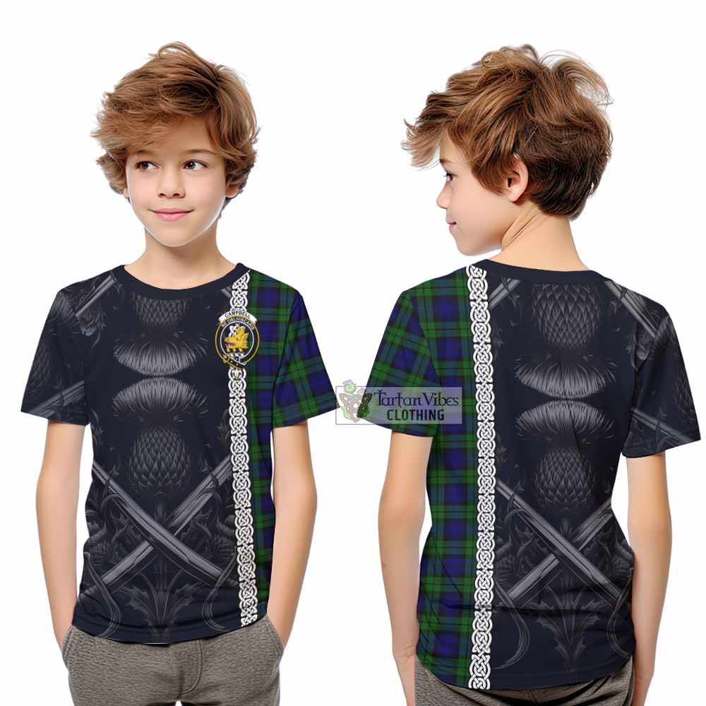 Tartan Vibes Clothing Campbell Tartan Kid T-Shirt with Family Crest Cross Sword Thistle Celtic Vibes