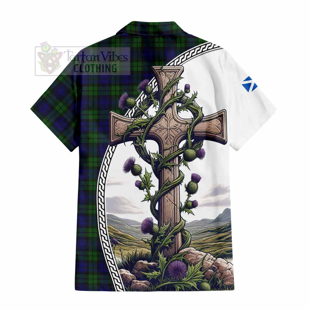 Tartan Vibes Clothing Campbell Tartan Short Sleeve Button Shirt with Family Crest and St. Andrew's Cross Accented by Thistle Vines