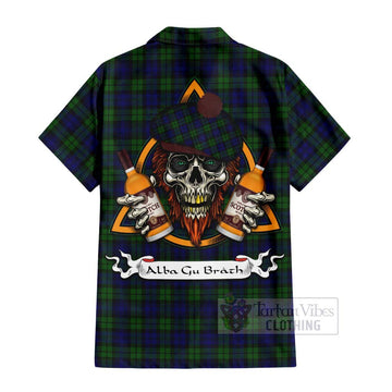 Tartan Vibes Clothing Campbell Tartan Short Sleeve Button Shirt with Family Crest and Bearded Skull Holding Bottles of Whiskey