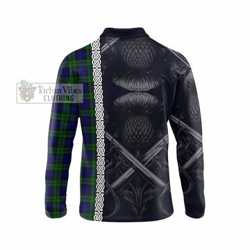 Tartan Vibes Clothing Campbell Tartan Long Sleeve Polo Shirt with Family Crest Cross Sword Thistle Celtic Vibes