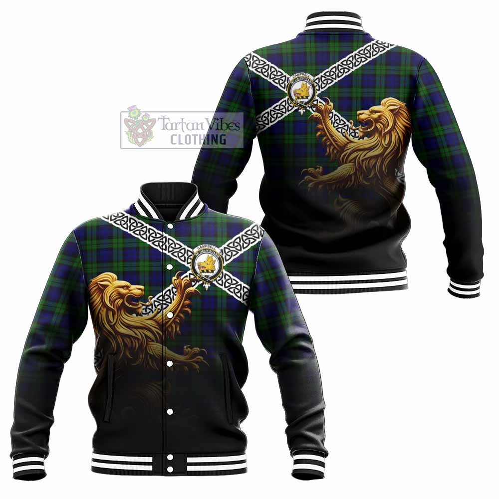 Tartan Vibes Clothing Campbell Crest Tartan Baseball Jacket with Golden Lion Emblem Celtic Style