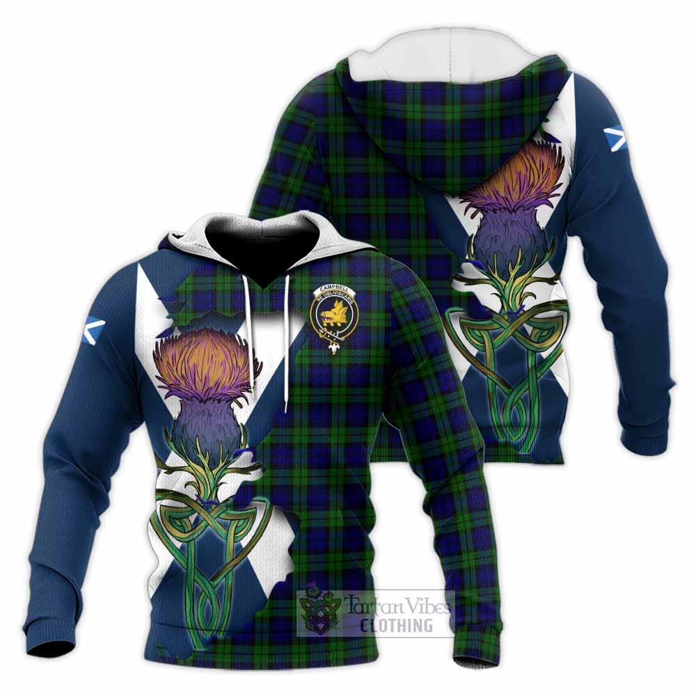 Tartan Vibes Clothing Campbell Tartan Family Crest Knitted Hoodie Scottish Thistle Celtic Inspired