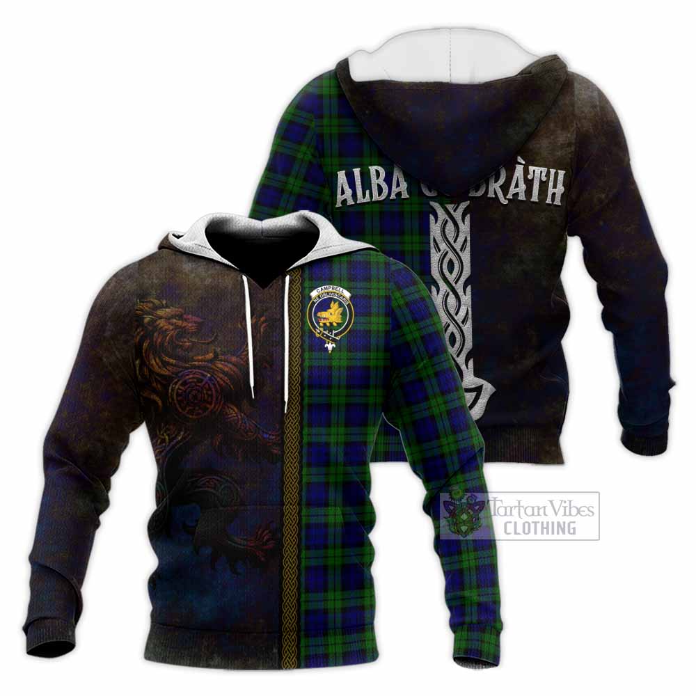 Tartan Vibes Clothing Campbell Tartan Family Crest Knitted Hoodie Alba Gu Brath Be Brave Lion Ancient Style
