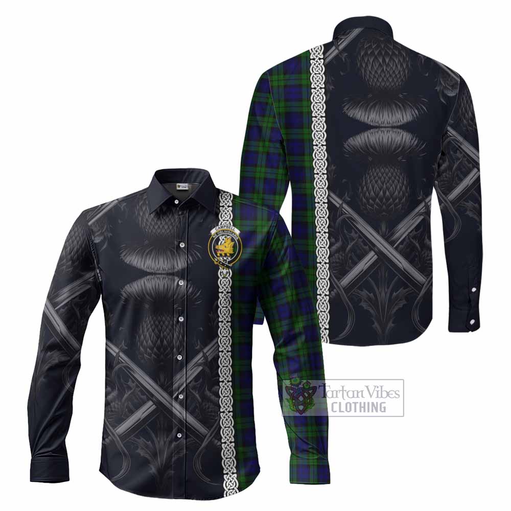 Tartan Vibes Clothing Campbell Tartan Long Sleeve Button Shirt with Family Crest Cross Sword Thistle Celtic Vibes