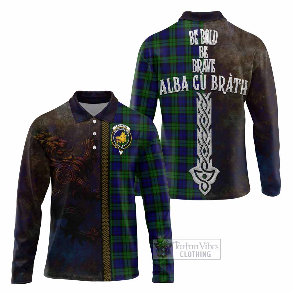 Tartan Vibes Clothing Campbell Tartan Family Crest Long Sleeve Polo Shirt Alba Gu Brath Be Brave Lion Ancient Style