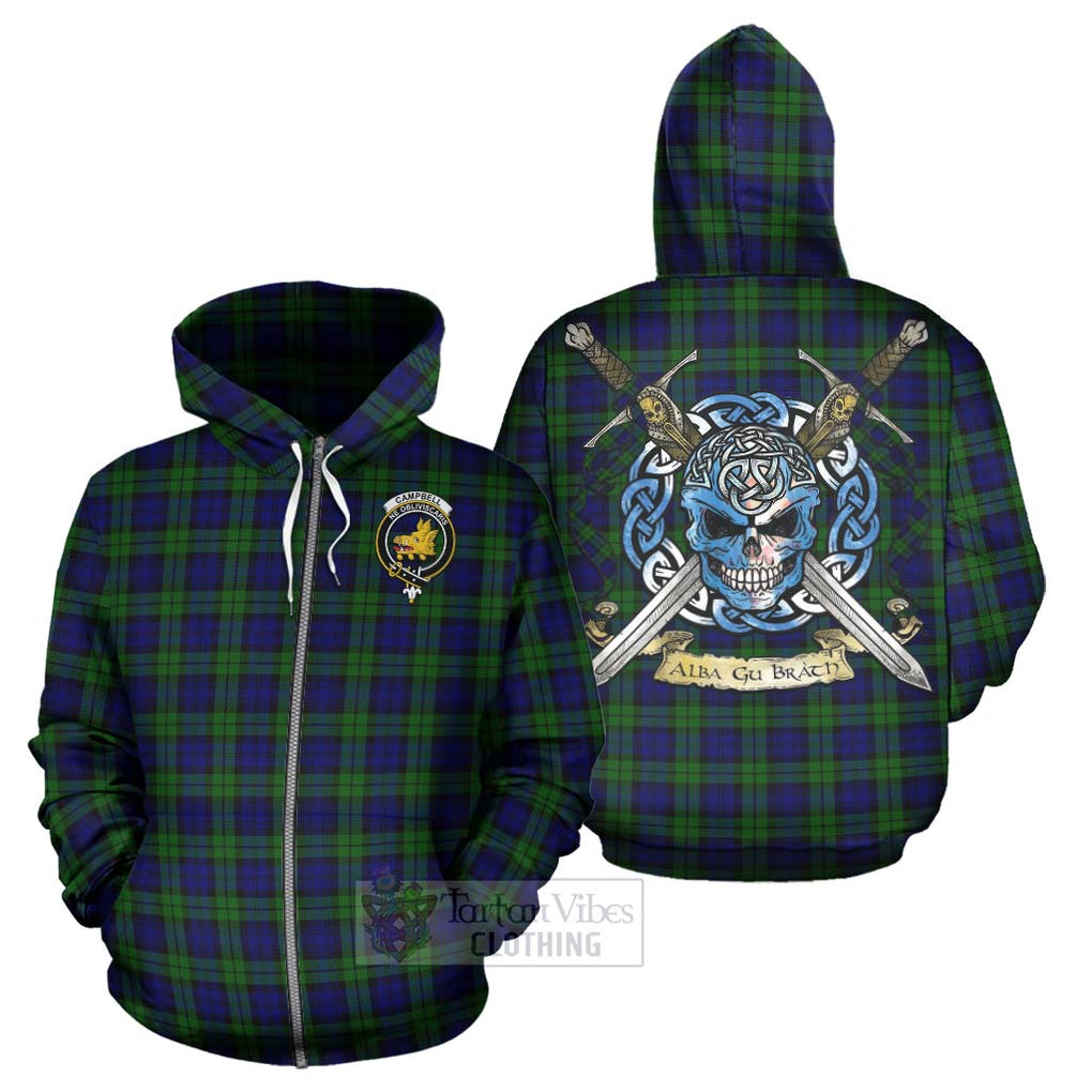 Tartan Vibes Clothing Campbell Tartan Hoodie with Family Crest Celtic Skull Style