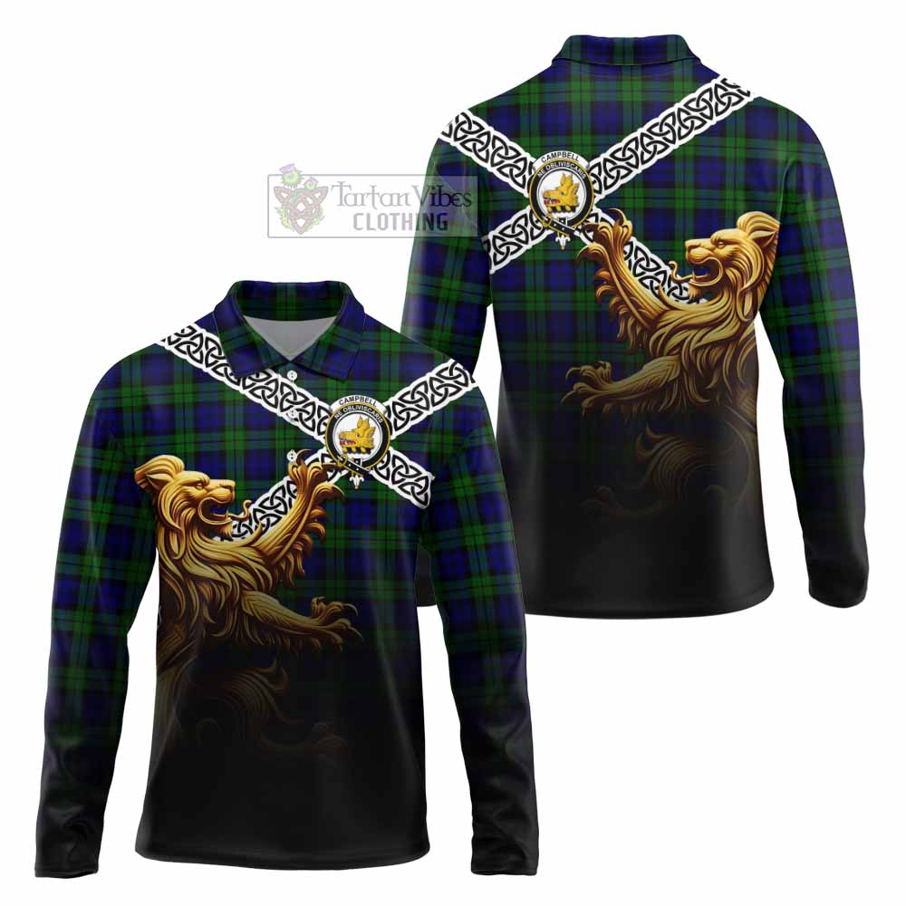Tartan Vibes Clothing Campbell Crest Tartan Long Sleeve Polo Shirt with Golden Lion Emblem Celtic Style