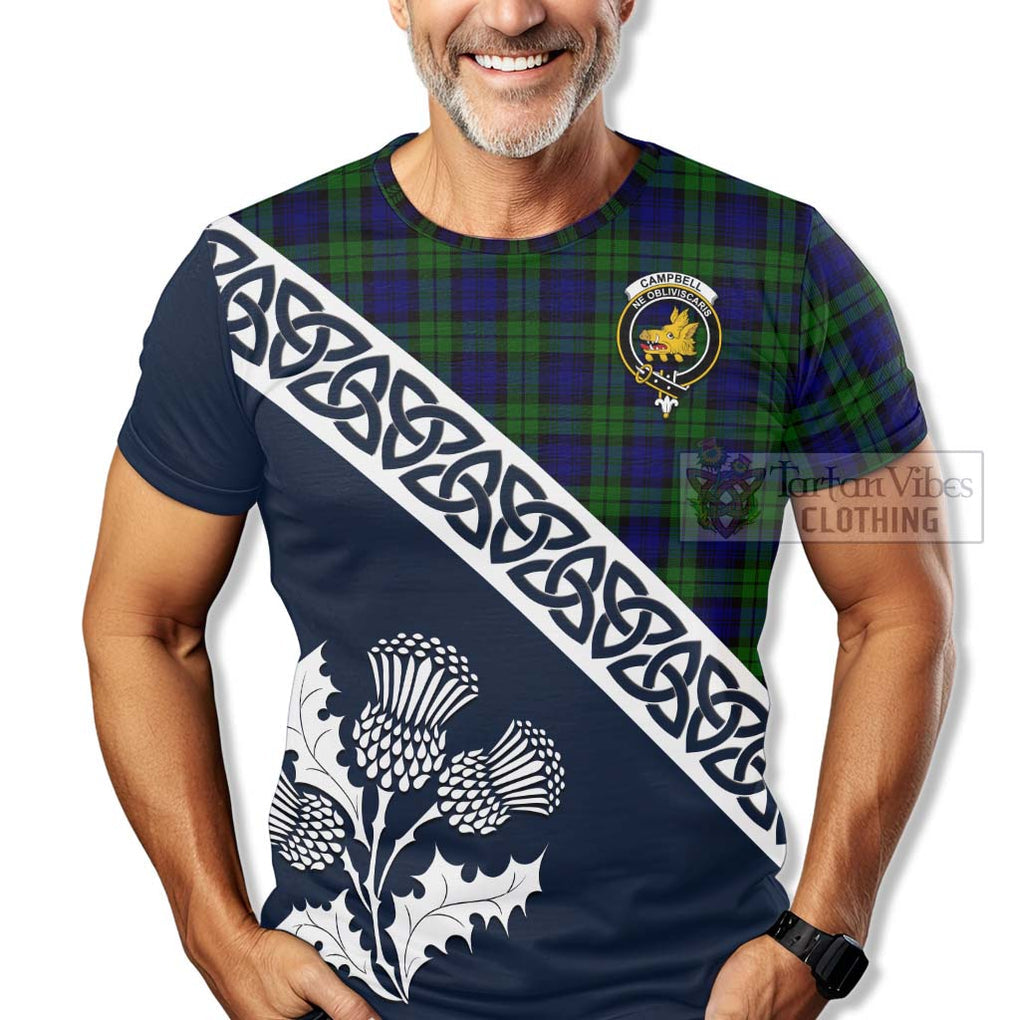 Campbell Tartan T-Shirt Featuring Thistle and Scotland Map
