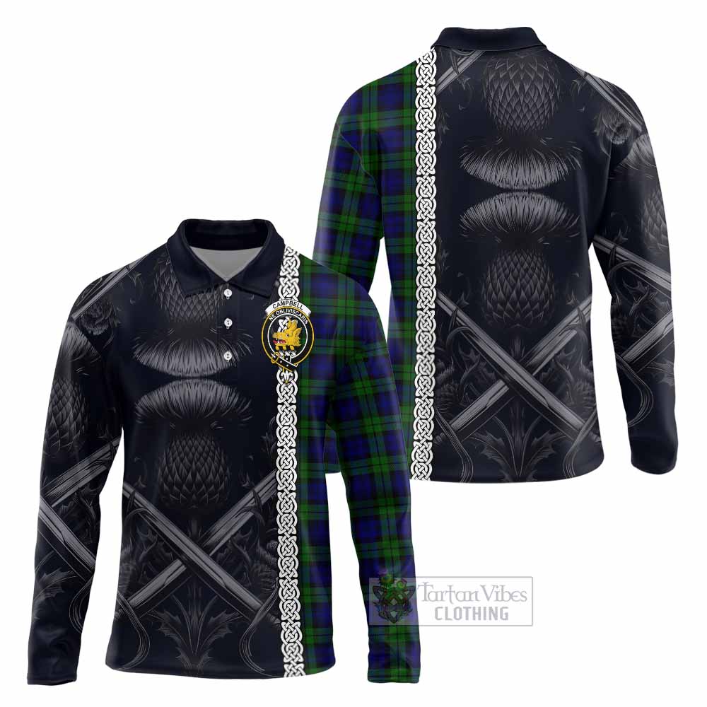 Tartan Vibes Clothing Campbell Tartan Long Sleeve Polo Shirt with Family Crest Cross Sword Thistle Celtic Vibes