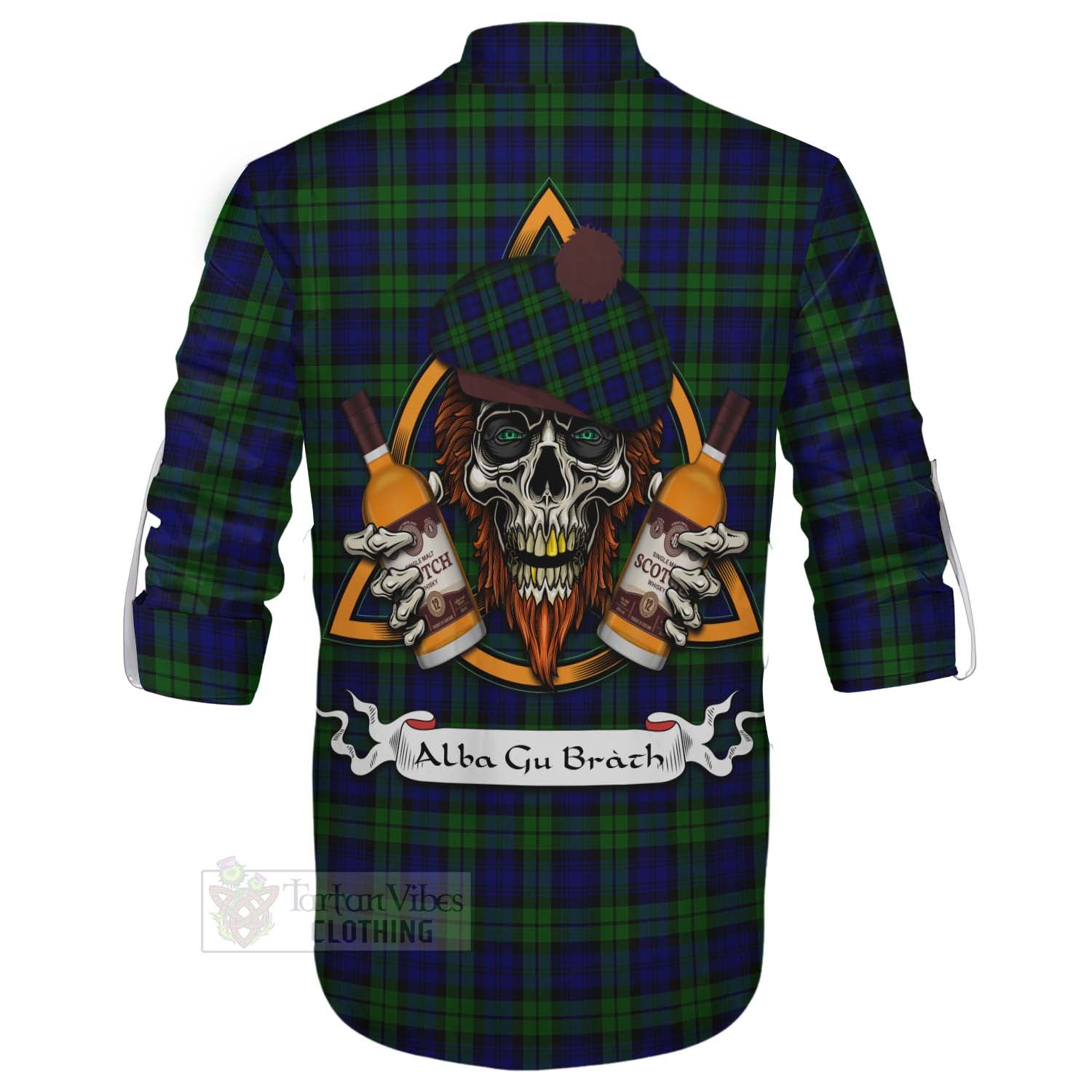 Tartan Vibes Clothing Campbell Tartan Ghillie Kilt Shirt with Family Crest and Bearded Skull Holding Bottles of Whiskey