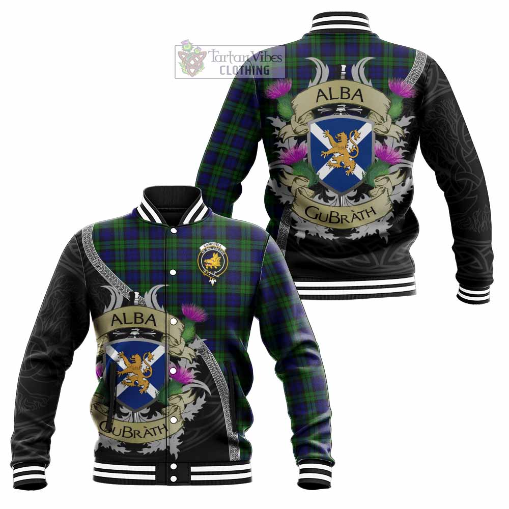 Tartan Vibes Clothing Campbell Tartan Family Crest Baseball Jacket Lion Rampant Royal Thistle Shield Celtic Inspired