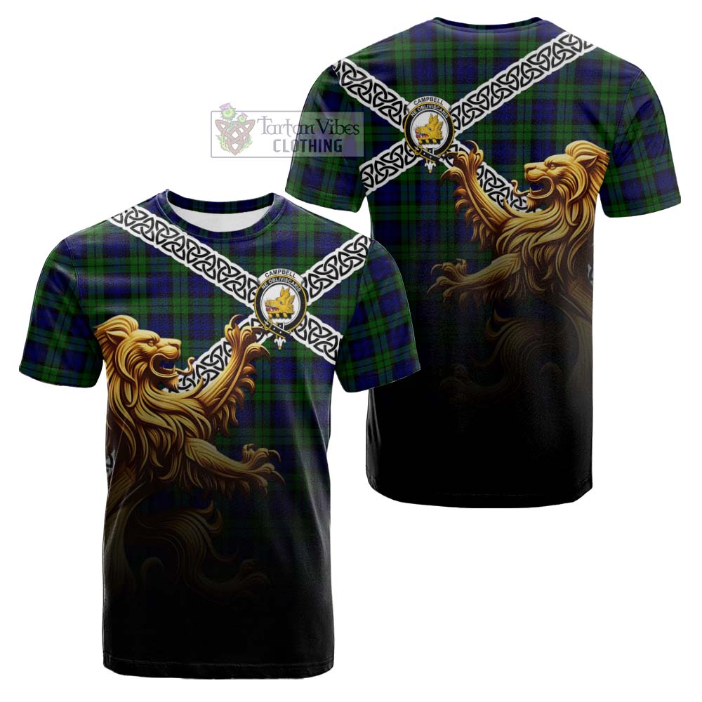 Tartan Vibes Clothing Campbell Crest Tartan Cotton T-shirt with Golden Lion Emblem Celtic Style