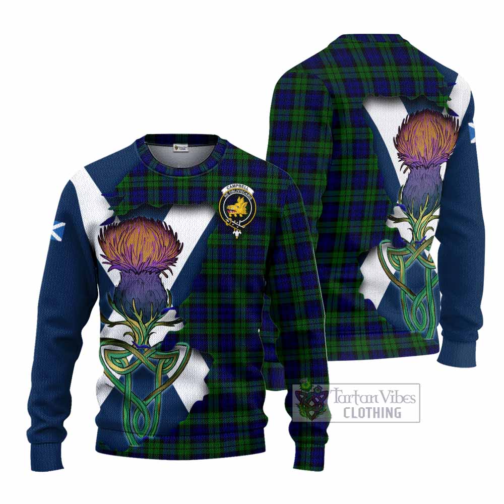 Tartan Vibes Clothing Campbell Tartan Family Crest Knitted Sweater Scottish Thistle Celtic Inspired