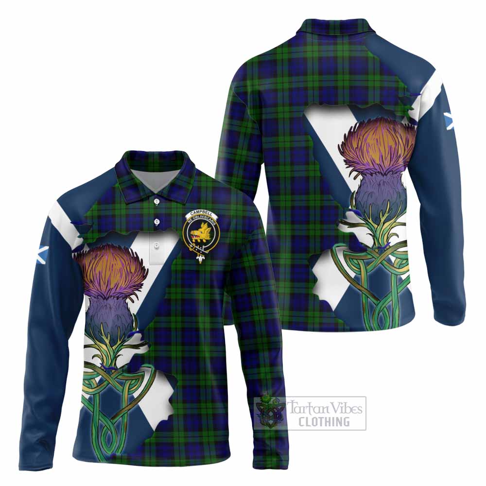 Tartan Vibes Clothing Campbell Tartan Family Crest Long Sleeve Polo Shirt Scottish Thistle Celtic Inspired