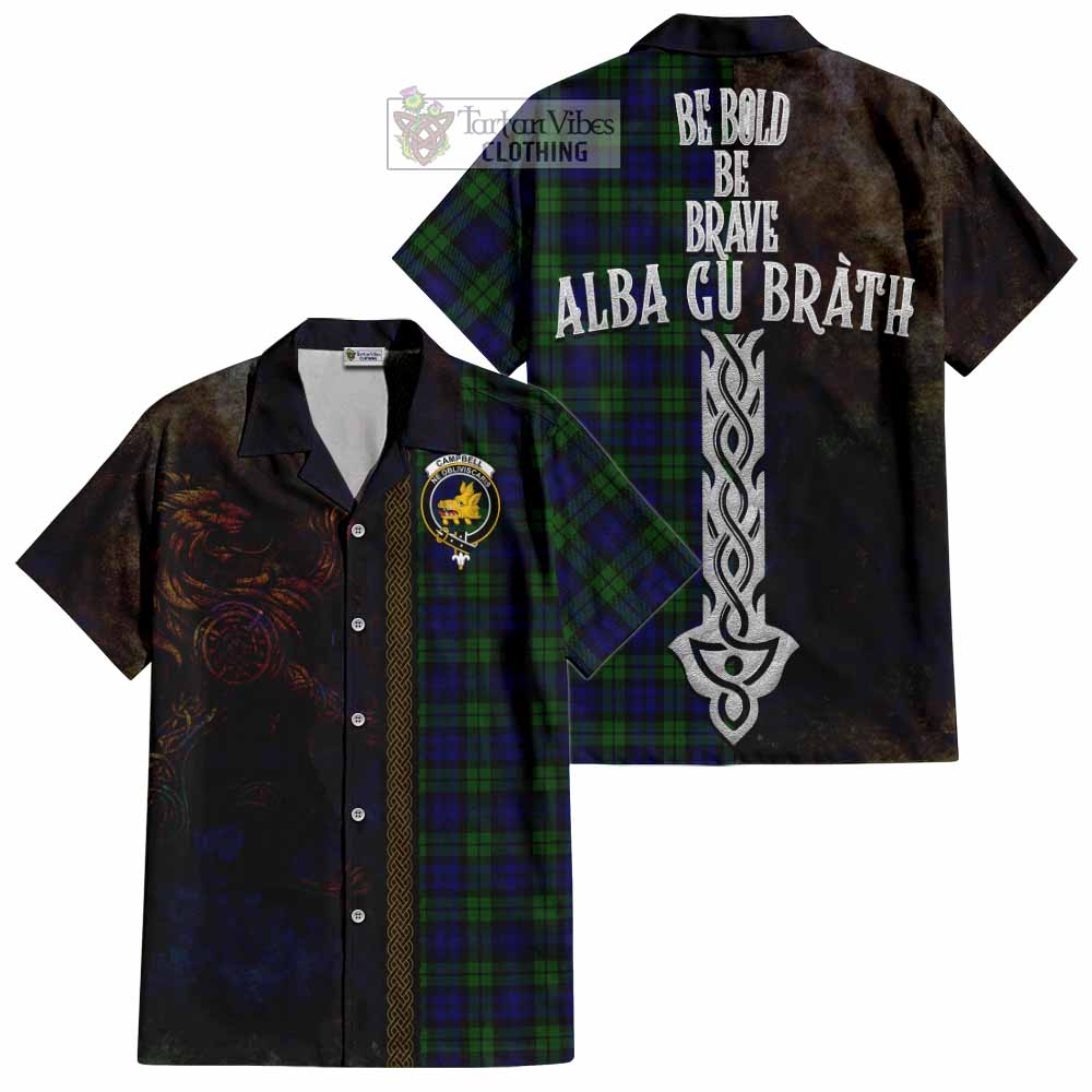 Tartan Vibes Clothing Campbell Tartan Family Crest Short Sleeve Button Shirt Alba Gu Brath Be Brave Lion Ancient Style