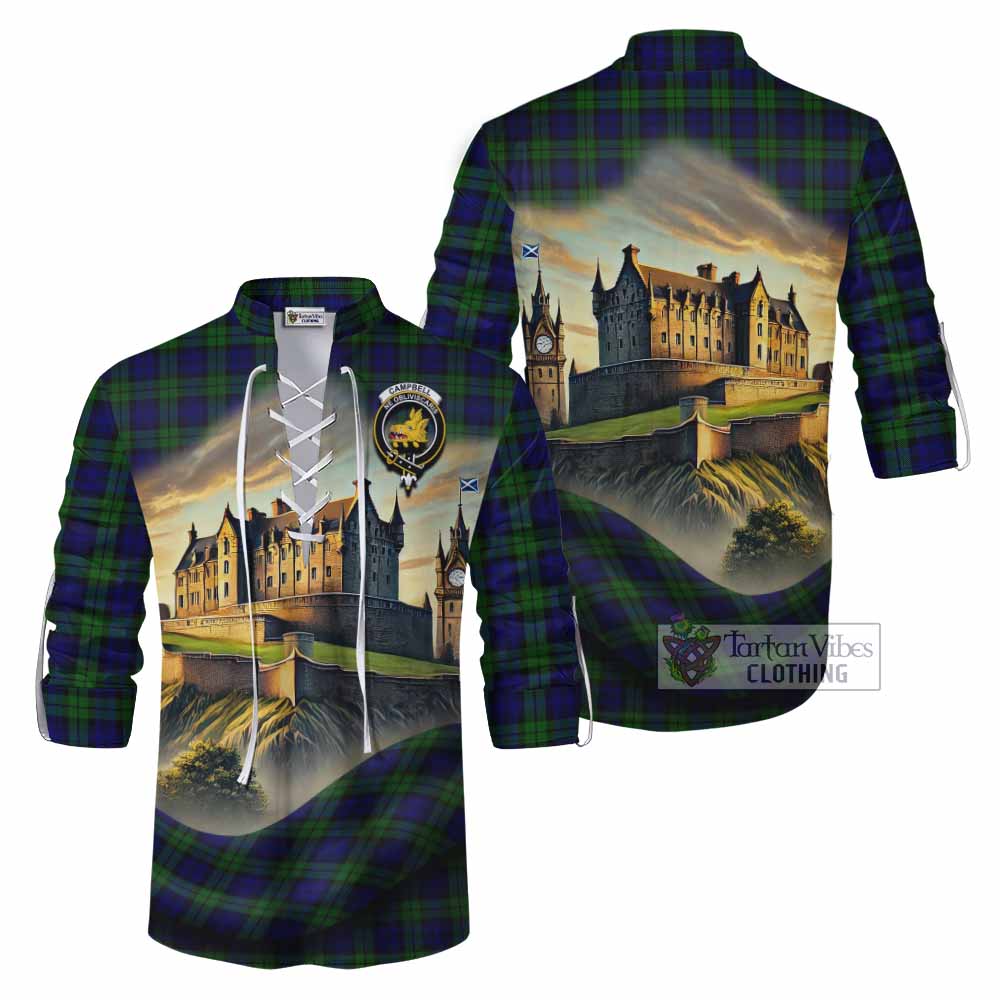 Tartan Vibes Clothing Campbell Tartan Family Crest Ghillie Kilt Shirt with Scottish Ancient Castle Style
