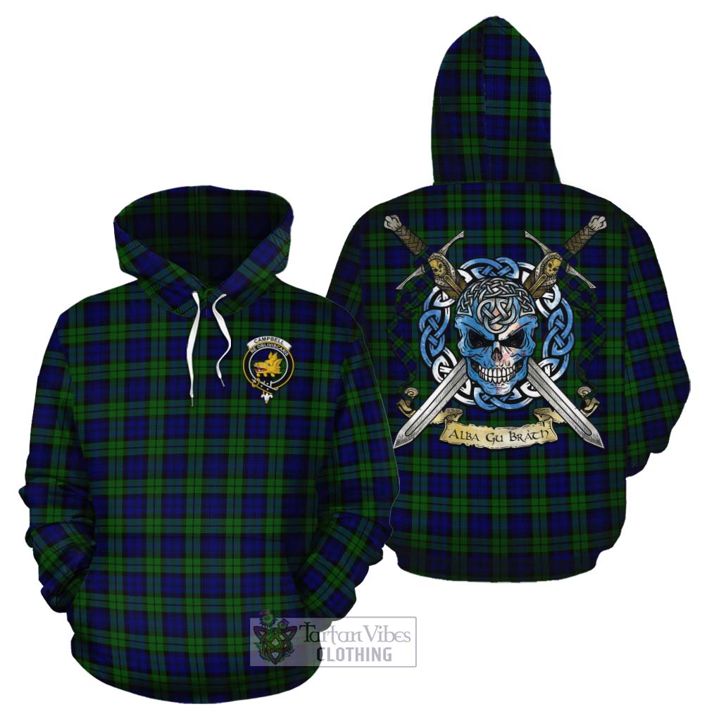 Tartan Vibes Clothing Campbell Tartan Cotton Hoodie with Family Crest Celtic Skull Style