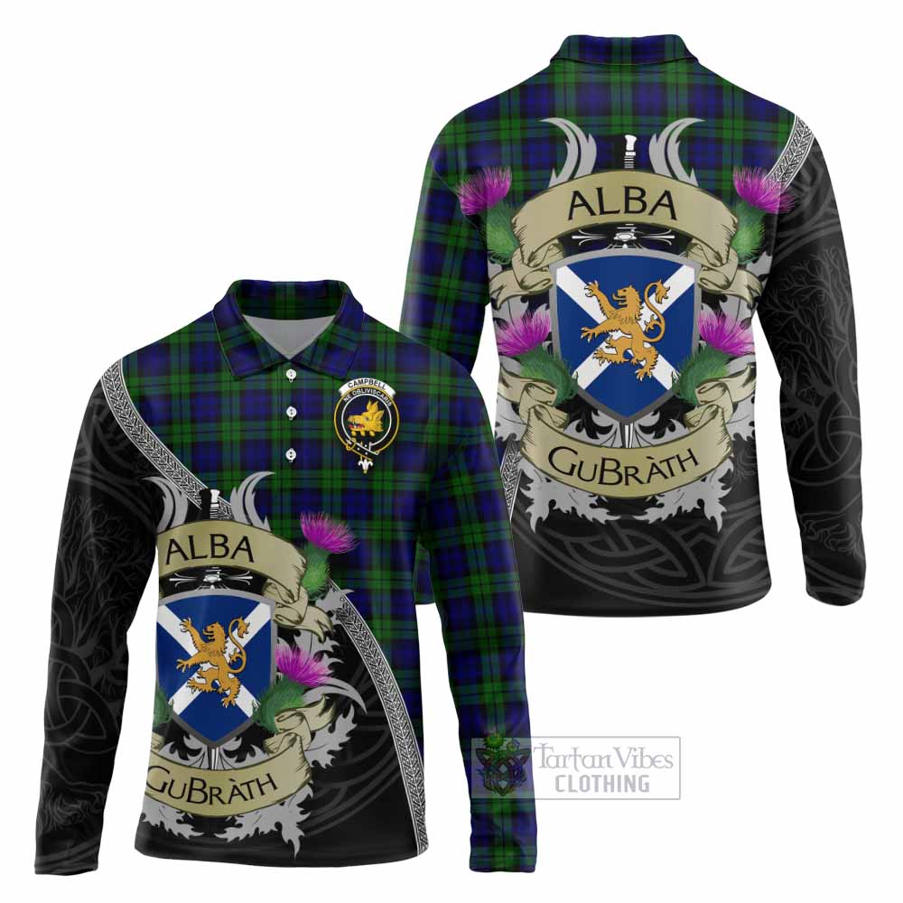 Tartan Vibes Clothing Campbell Tartan Family Crest Long Sleeve Polo Shirt Lion Rampant Royal Thistle Shield Celtic Inspired