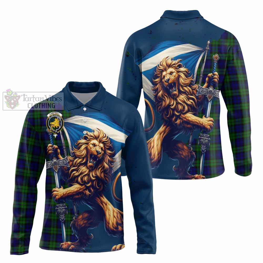 Tartan Vibes Clothing Campbell Tartan Family Crest Long Sleeve Polo Shirt with Scottish Majestic Lion