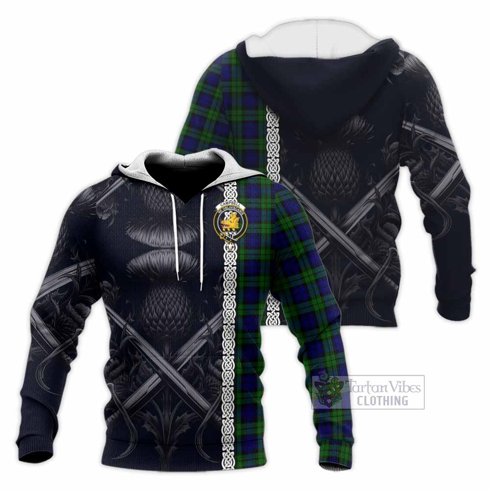 Tartan Vibes Clothing Campbell Tartan Knitted Hoodie with Family Crest Cross Sword Thistle Celtic Vibes
